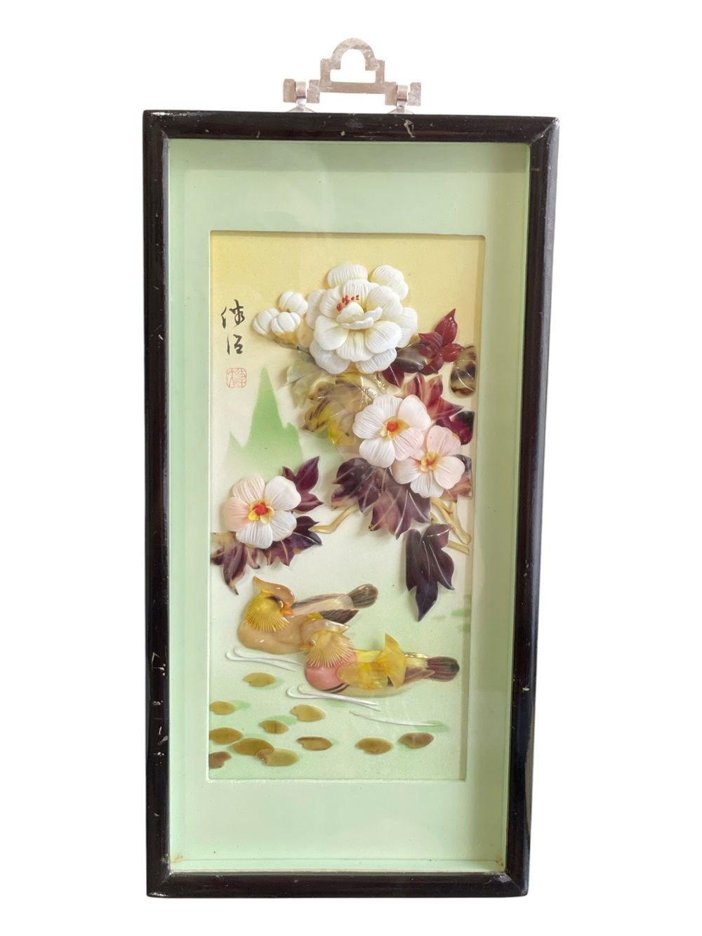 Vintage Chinese Carved Shell Shadow Box Art – Signed with Artist Seal